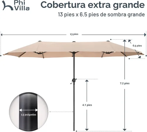Vista 7 de PHI VILLA Sombrilla Grande de Patio de 13 Pies de Doble Cara Gemela para Mercado Exterior con Manivela, Beige 13x6.5 ft shade, rectangular, patio