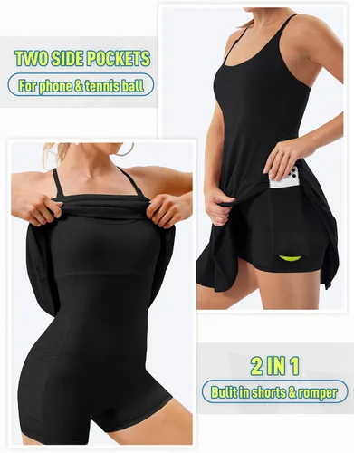 Vista 4 de Vestido de tenis con pantalones cortos debajo del vestido de entrenamiento con correas ajustables y brasier integrado, vestido de golf atlético
