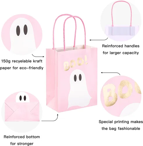 Vista 3 de WRAPAHOLIC Paquete de 12 pequeñas bolsas de regalo de papel kraft de Halloween de 7 pulgadas, bolsa de regalo de papel de aluminio dorado y fantasma