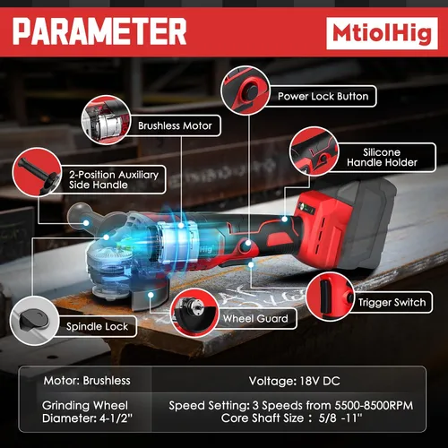 Vista 4 de MtiolHig Amoladora angular inalámbrica compatible con batería Milwaukee de 18 V: herramienta amoladora sin escobillas, amoladora angular pequeña