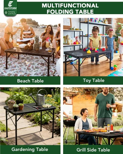 Vista 8 de 3 Ft Folding Camping Table, Adjustable Height 16.5-26 in, Metal Grill Table Negro