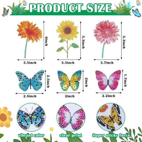 Vista 2 de Tenceur Juego de 44 calcomanías de pintura de diamante para ventana, diseño de sol, mariposa, flores, vitrales, kit de pintura para bricolaje, arte