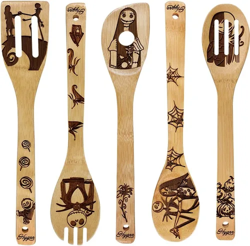 Vista 11 de Beauty and the Beast Juego de cucharas de madera quemadas para cocinar y servir, cuchara de bambú ranurada, utensilios de cocina, idea de regalo
