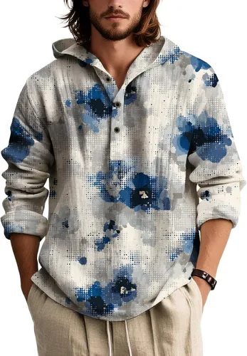 Vista 4 de Sudaderas con capucha con estampado floral retro para hombre, estilo bohemio, con botones, manga larga, sudaderas de gran