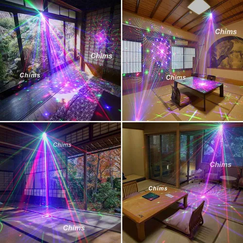 Vista 8 de Chims Proyector de espectáculo de luces para DJ, rojo, verde, azul, LED, 96 patrones, RGRB, música activada, proyector de iluminación para Navidad