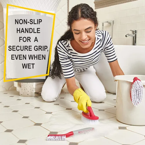 Vista 4 de Juego de 3 cepillos de limpieza con mango ergonómico y cerdas duraderas - Cepillo limpiador de lechada - Cepillos para limpiar baño, ducha