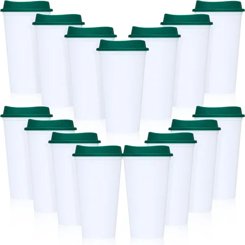 Vista 17 de Domensi Paquete de 15 tazas de café reutilizables con tapas, vasos de viaje desechables de 16 onzas, vasos de plástico a granel para llevar, vasos