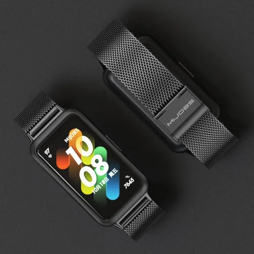 Vista 2 de Correa de metal para Huawei Band 7 pulseras de acero inoxidable, compatible con Huawei Band 7 Watch pulsera de repuesto Negro