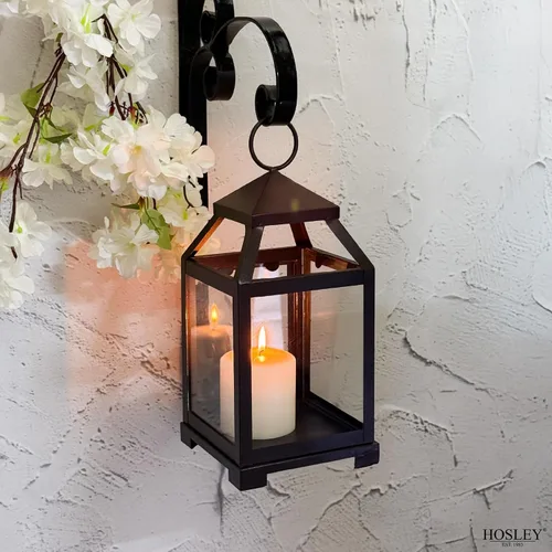 Vista 3 de Hosley's Farol estilo clásico, de 12 pulgadas de alto, de hierro y vidrio Regalo ideal para celebraciones, fiestas, bodas, Aromaterapia y Spa.