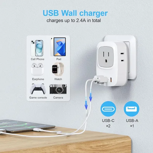 Vista 3 de Paquete de 2 adaptadores de enchufe de viaje europeos, adaptador de corriente 7 en 1 Brasil, 4 salidas de CA con 3 puertos de carga USB, adaptador