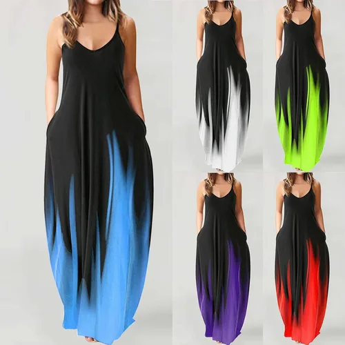 Vista 6 de Oiumov Vestido bohemio para mujer casual de verano sexy con tirantes delgados estampado de playa vestido largo con bolsillos
