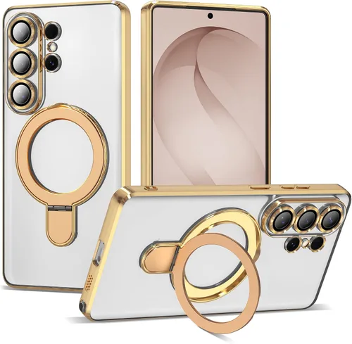 Vista 28 de Funda compatible con Samsung Galaxy S24 Plus con soporte de anillo magnético [compatible con Mag-Safe] protector de lente de cámara chapado Dorado