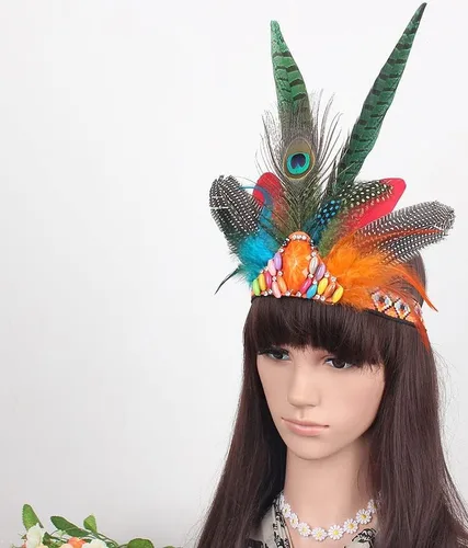 Vista 4 de Tocado hippie de plumas de pavo real indio para mujer, disfraz de Halloween, carnaval, fiesta de lujo