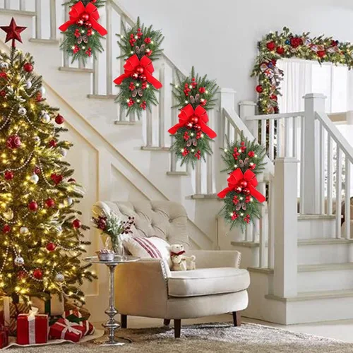 Vista 7 de Guirnalda de escaleras de Navidad preiluminada, guirnalda de Navidad, el borde de escalera preiluminado inalámbrico, coronas de Navidad para puerta