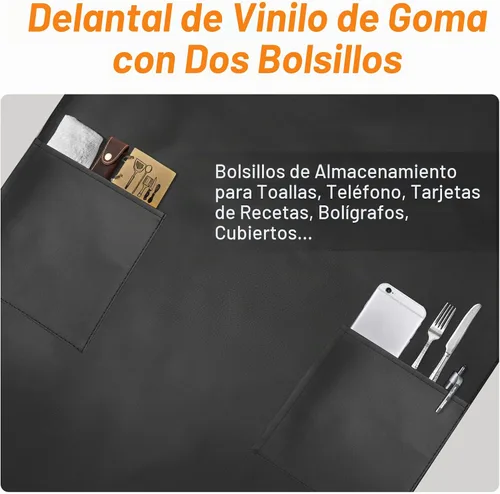 Vista 3 de Gotega Waterproof Rubber Apron Adjustable Dishwasher Apron Negro con 2 bolsillos