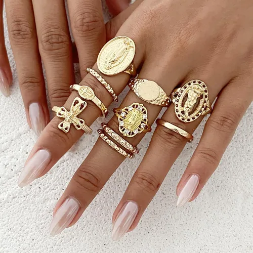 Vista 3 de Juego de anillos dorados de cruz de Virgen María para mujer, 10 piezas vintage gruesos apilables, anillos cruzados para nudillos, accesorios retro