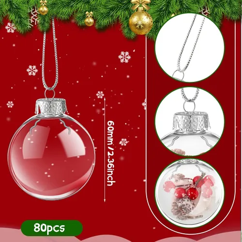 Vista 2 de 80 piezas de bolas de Navidad transparentes colgantes en masa, adornos de plástico rellenables transparentes para manualidades, DIY, con parte