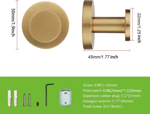 Vista 2 de TUNNY Paquete de 5 ganchos redondos para toallas, color dorado champán, ganchos modernos para abrigos y toallas de ducha, para baño, cocina