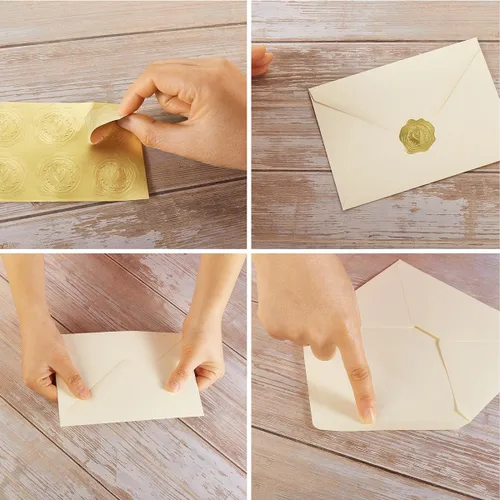 Vista 3 de Paquete de 50 sobres A6 color crema con tarjetas de cartulina gruesa plegada de 4 x 6 pulgadas y calcomanías doradas para tarjetas de felicitación