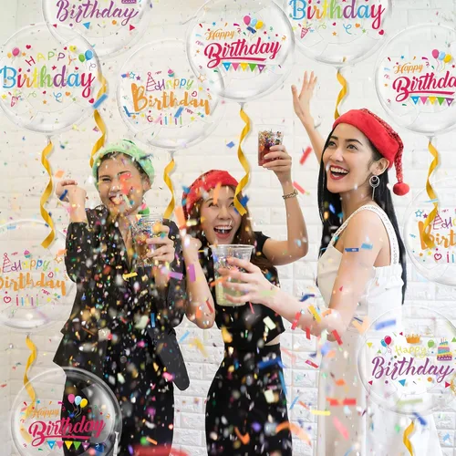 Vista 7 de Whaline 36 calcomanías de globos de cumpleaños Bobo con globos de burbujas transparentes de 18 pulgadas, juego de globos Bobo para cumpleaños, baby
