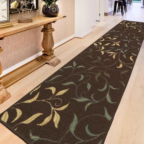 Vista 51 de Ottomanson, colección OttoHome, tapete para corredor con diseño azul claro y damasco (antiderrapante), parte trasera de goma Floral Beige