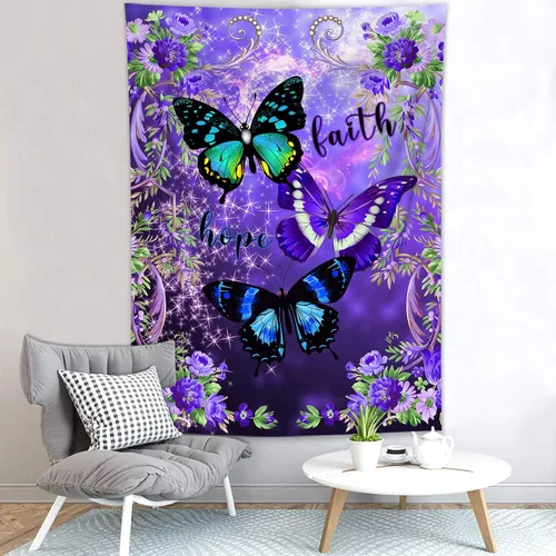 Vista 6 de LB Tapiz pequeño de mariposa colorido para colgar en la pared, diseño psicodélico de flores silvestres 3D, mariposas de fantasía floral, arte