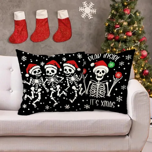 Vista 5 de Juego de 4 fundas de almohada decorativas de esqueleto gótico de Navidad de 18 x 18 pulgadas, diseño de calavera de Navidad, decoración del hogar al