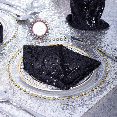 Vista 5 de Eternal Beauty Servilletas de tela de lentejuelas negras de 12 x 12 pulgadas, paquete de 12 para fiestas, bodas, cenas de cumpleaños