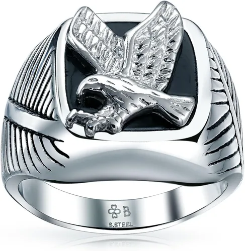 Vista 2 de Mens Large Statement Black Patriotic USA Flying American Bald Eagle Square Signet Ring for Men Gold Plated Silver Tone Stainless Steel