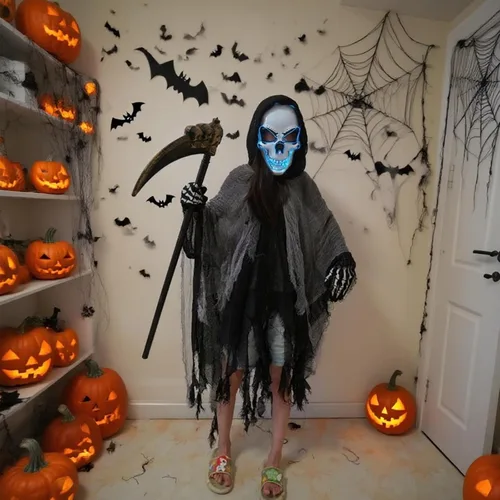 Vista 4 de 2025 Grim Reaper Costume,Scary Halloween Costumes for Kids With LED Mask,Hooded Cloak,Scythe,Gloves Included