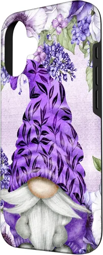 Vista 2 de Funda estética para iPhone 16 con diseño de anémonas de gnomo morado y lavanda