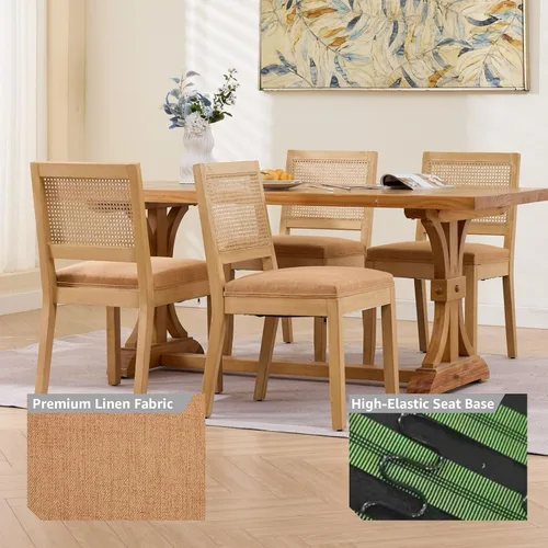 Vista 8 de French Country Dining Chairs Set of 2, Linen Upholstered Cane Back, Amber Soft linen upholstered seat with thick foam padding provides comfortable