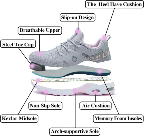 Vista 5 de LANSNBO Zapatos de punta de acero para mujer, zapatos de trabajo de seguridad indestructibles, con amortiguación de aire, ligeros, transpirables