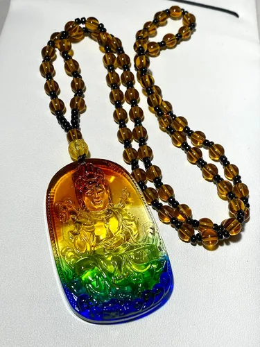 Vista 2 de Samantabhadra - Collar de cristal de arcoíris para hombre y mujer, diseño de jade verde, turquesa estabilizada, amuleto de talismán, largo y grande