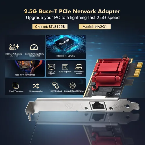 Vista 2 de Adaptador de red PCIe 2.5G, RTL8125B 2500/1000/100Mbps Binardat Ethernet Card RJ45 LAN Controller Support PXE para Windows/Linux/Mac