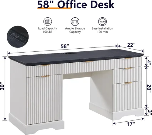 Vista 2 de JXQTLINGMU Escritorio ejecutivo moderno de 58 pulgadas con almacenamiento, escritorio de madera para oficina en casa con 5 cajones y 1 gabinete