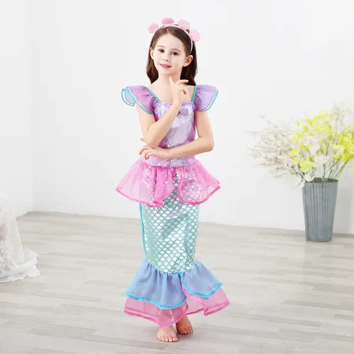 Vista 5 de Ficlwigkis Disfraz de sirena para niños vestido de fiesta de lentejuelas vestido de sirena pequeña para niñas fiesta de cumpleaños cosplay 3-10 años