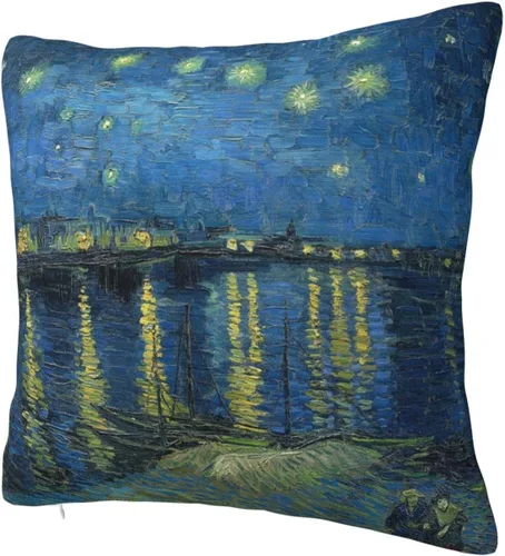 Vista 2 de Funda de almohada con diseño de noche estrellada sobre el ródano Van Gogh 18 x 18 para sofá, cama, decoración del hogar