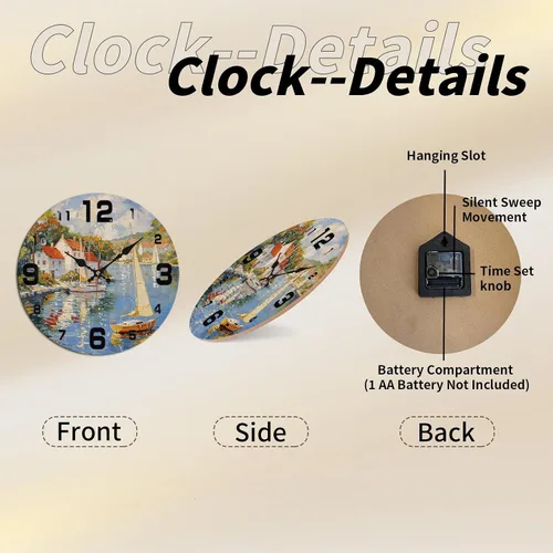 Vista 5 de Coastal Harbor Painting Wooden Wall Clock with Nautical Scene 25x25cm