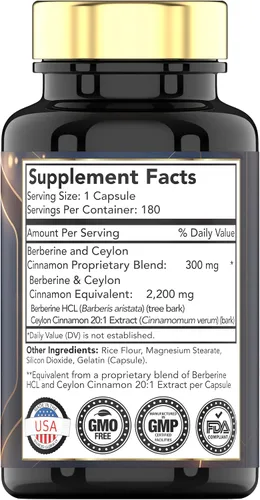 Vista 2 de Berberina con canela de Ceilán: 2200 mg por cápsula - 180 cápsulas Suplemento de berberina natural para la salud cardiovasular y del sistema