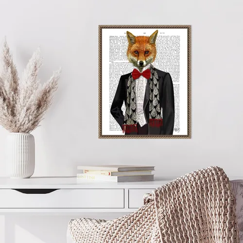 Vista 5 de Amanti Art Fab Funky - Lienzo enmarcado para pared, 20 x 16 pulgadas, zorro con pajarita roja, lienzo enmarcado para pared, obras de arte