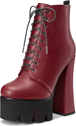 Vista 21 de HDEUOLM Botas de tobillo con tacón alto de bloque grueso para mujer, puntera redonda, botines cortos con cordones y cremallera, zapatos clásicos