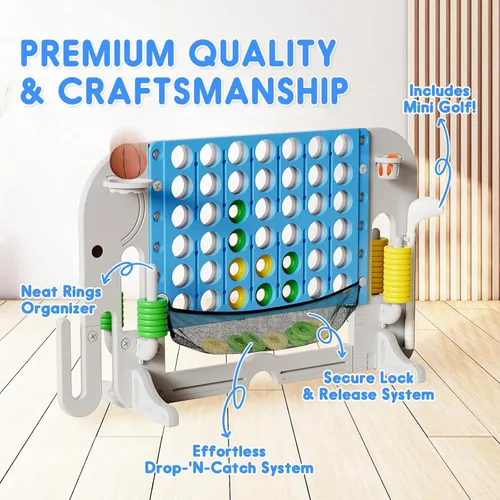 Vista 4 de Giant 4 in a Row Connect Game, Adjustable Height (2.6FT-4.3FT) Jumbo 4-to-Score Yard Game Set with Basketball, Golf & Ring Toss, Elephant Design