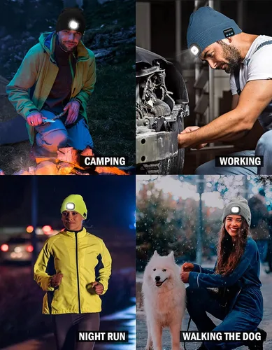 Vista 5 de Gorro Bluetooth con 4 luces LED, recargable por USB, con auriculares, gorro con altavoces estéreo y micrófono, para iluminar por la noche, gorro