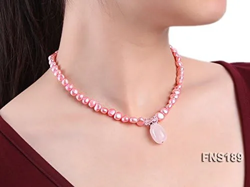 Vista 3 de JYX - Collar con colgante de perlas de 6 a 0.276in, perlas barrocas rosas y cuarzo rosa, 16.5in