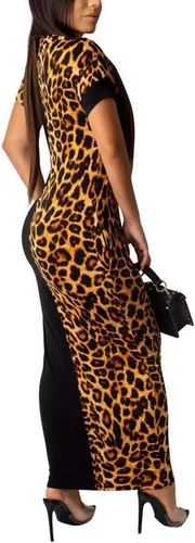 Vista 2 de Vestidos largos con estampado de leopardo para mujer, vestido midi de manga corta con bolsillos