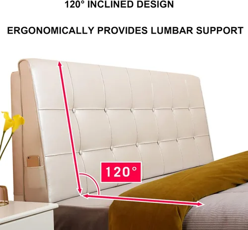Vista 5 de Cabecera tapizada de cuero con botones tamaño King, almohada de lectura con respaldo y soporte lumbar, almohada de cuña para sofá, cama con funda