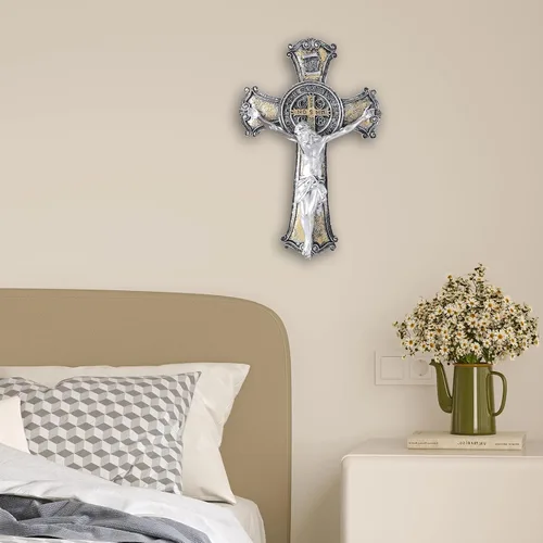 Vista 5 de Taprion Crucifijo de pared - Arte de pared de resina de San Benito - Cruz dorada de 10 pulgadas da bendición y lo sagrado espiritual: regalo de fe