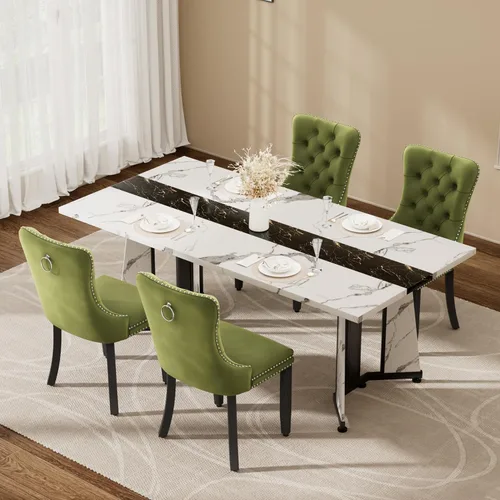 Vista 25 de Juego de mesa de comedor de 5 piezas con 4 sillas, mesa de comedor rectangular de madera de 71 pulgadas con sillas de comedor de terciopelo, tablero