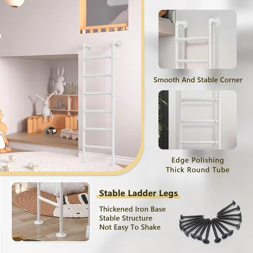 Vista 3 de White Bunk Bed Ladder for High Bed, Wrought Iron Loft Attic Ladder Wall Mounted Metal Step Ladder with Kit for Home/Small Spaces/Outdoor Rooftops